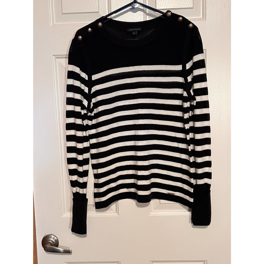 Tommy Hilfiger Long Cuff Sleeve Blue White Stripes Size L 22" Long x 20" PTP